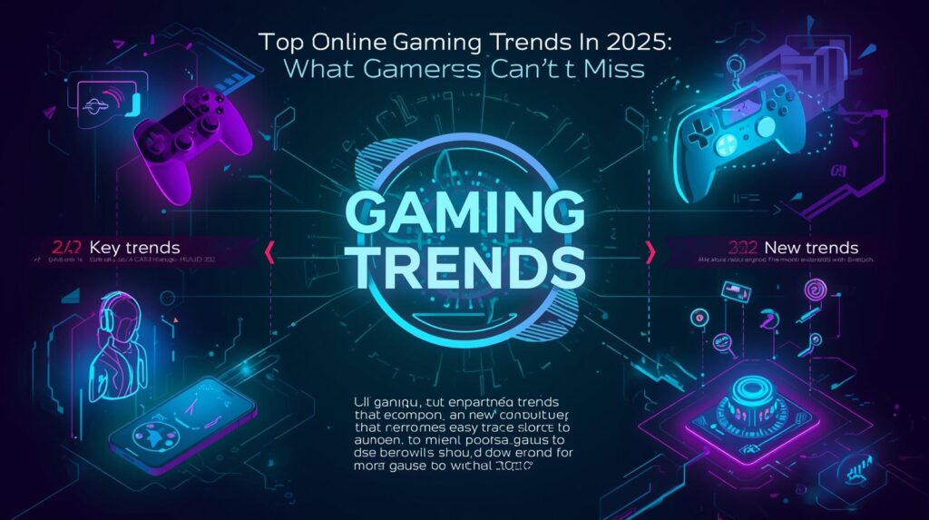 Gamers exploring online gaming trends 2025 with cloud gaming, AI characters, VR headsets, and eSports competition