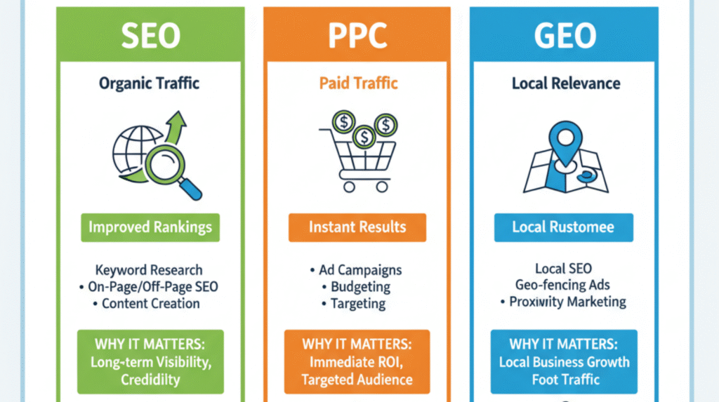 “Difference Between SEO, PPC, and GEO – How They Work” Difference between SEO PPC and GEO strategies explained
