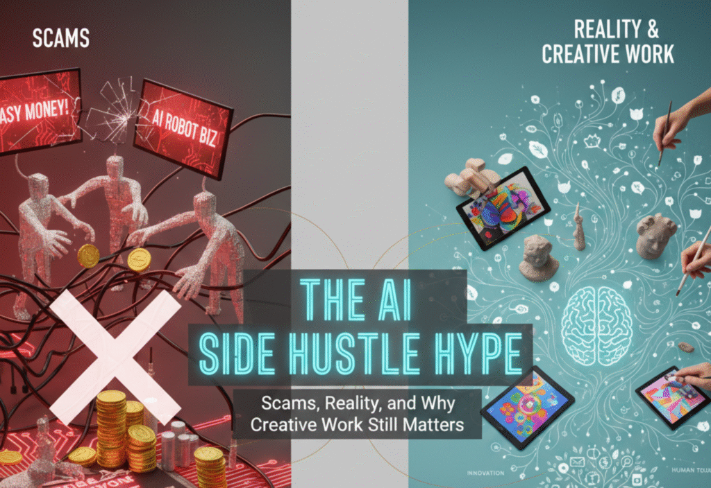 Person using AI tools on a laptop while researching real AI side hustles and avoiding scams