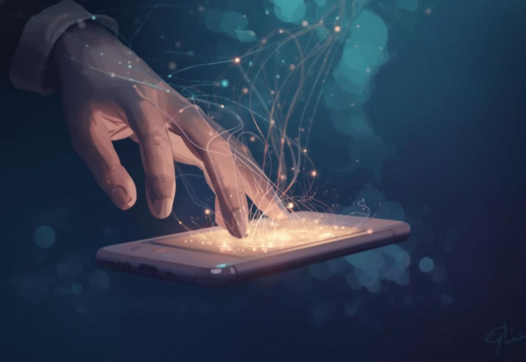 Person looking at a glowing smartphone representing phone addiction