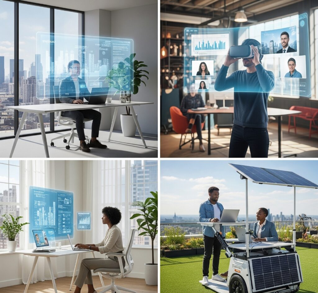 The Future of Remote Work: How Technology Is Redefining the Modern Workplace Illustration of remote work in 2025 showing employees collaborating online using technology and hybrid work models