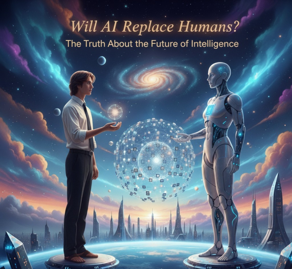 Will AI Replace Humans? The Truth About the Future of Intelligence AI robot and human face-to-face representing the future of artificial intelligence and human partnership