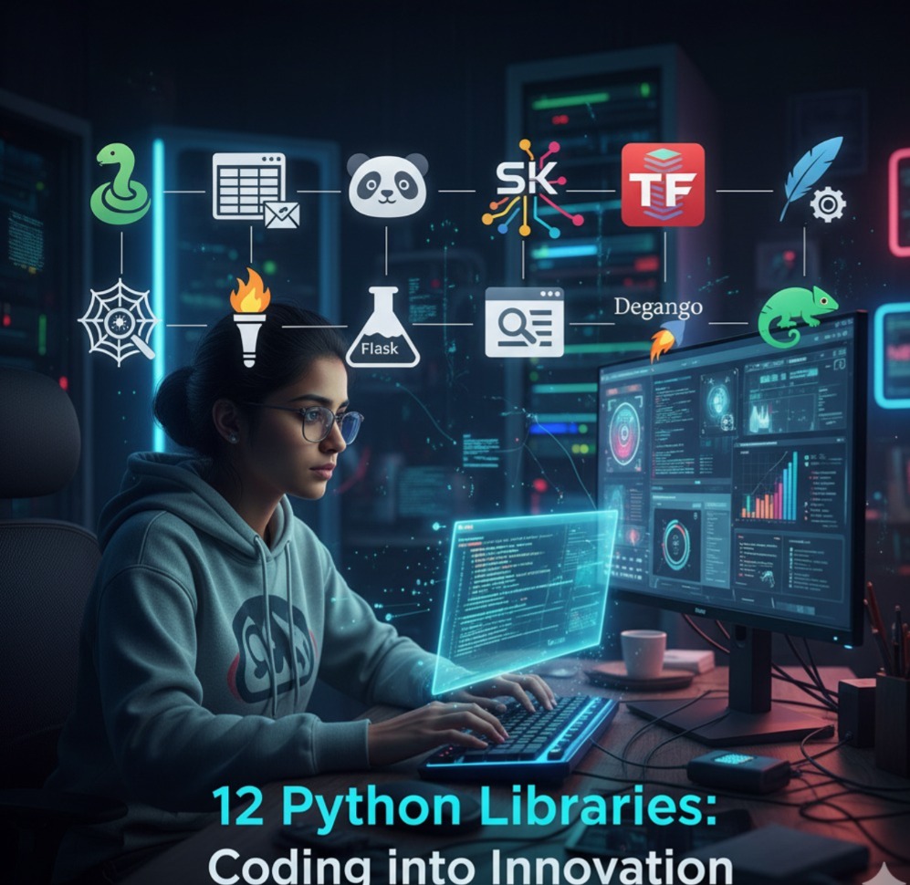 Illustration showing the best Python libraries in 2025 for AI, data science, and web development.