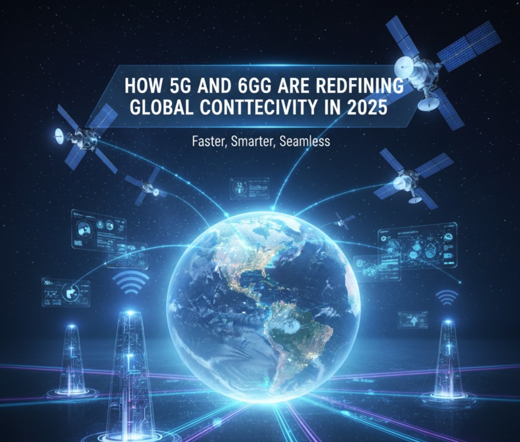 Illustration showing 5G and 6G connectivity in 2025 transforming communication.