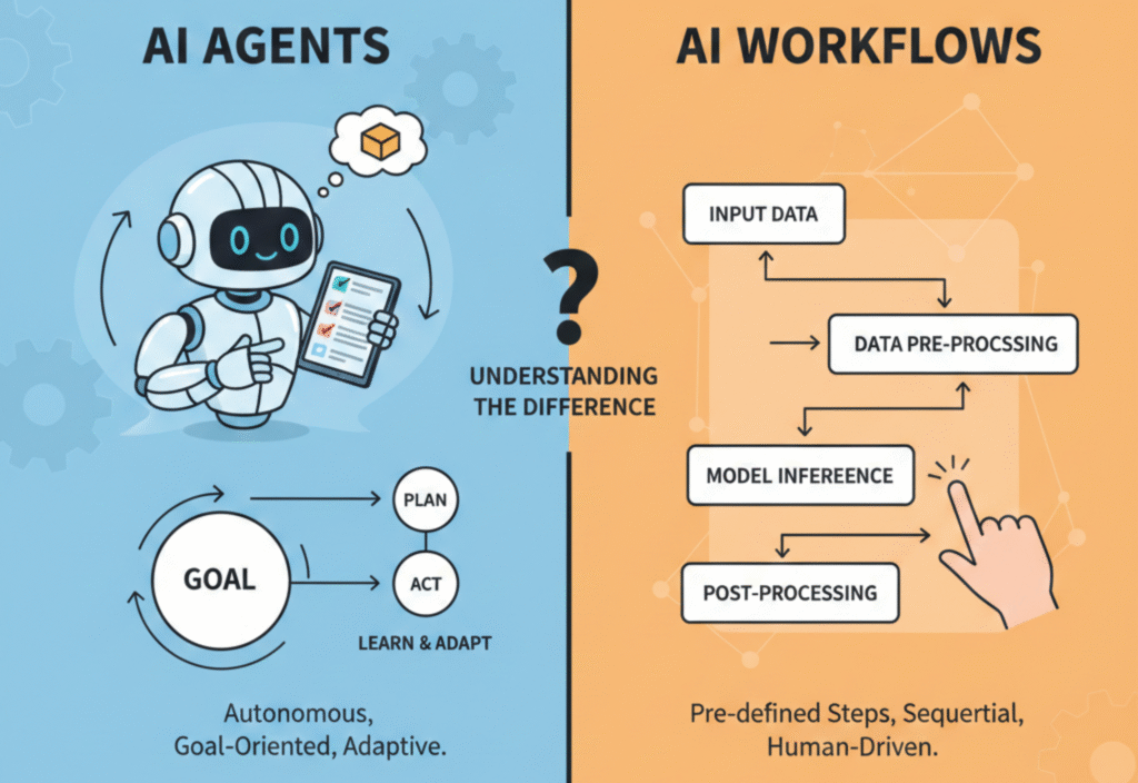 AI agents and workflows collaborating in a modern workspace