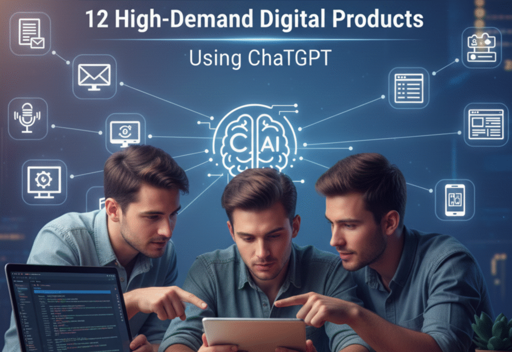 Illustration of digital products created using ChatGPT for online business.
