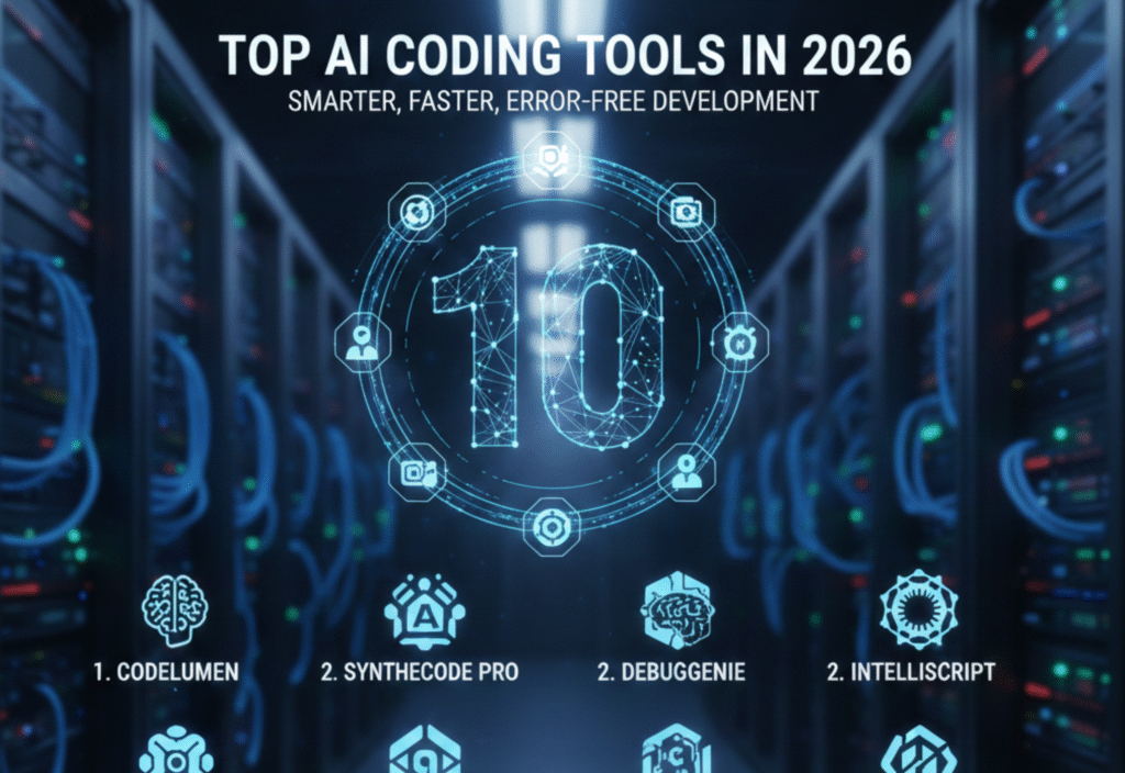 Top 10 AI Coding Tools in 2026 for Smarter, Faster, and Error-Free Development Illustration showing AI coding tools helping developers write code efficiently
