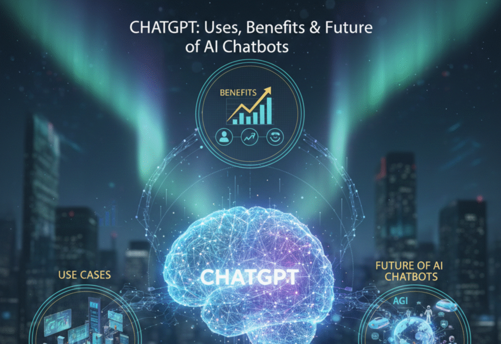 Illustration of ChatGPT AI chatbot showing use cases, key benefits, and future applications in business, education, and productivity