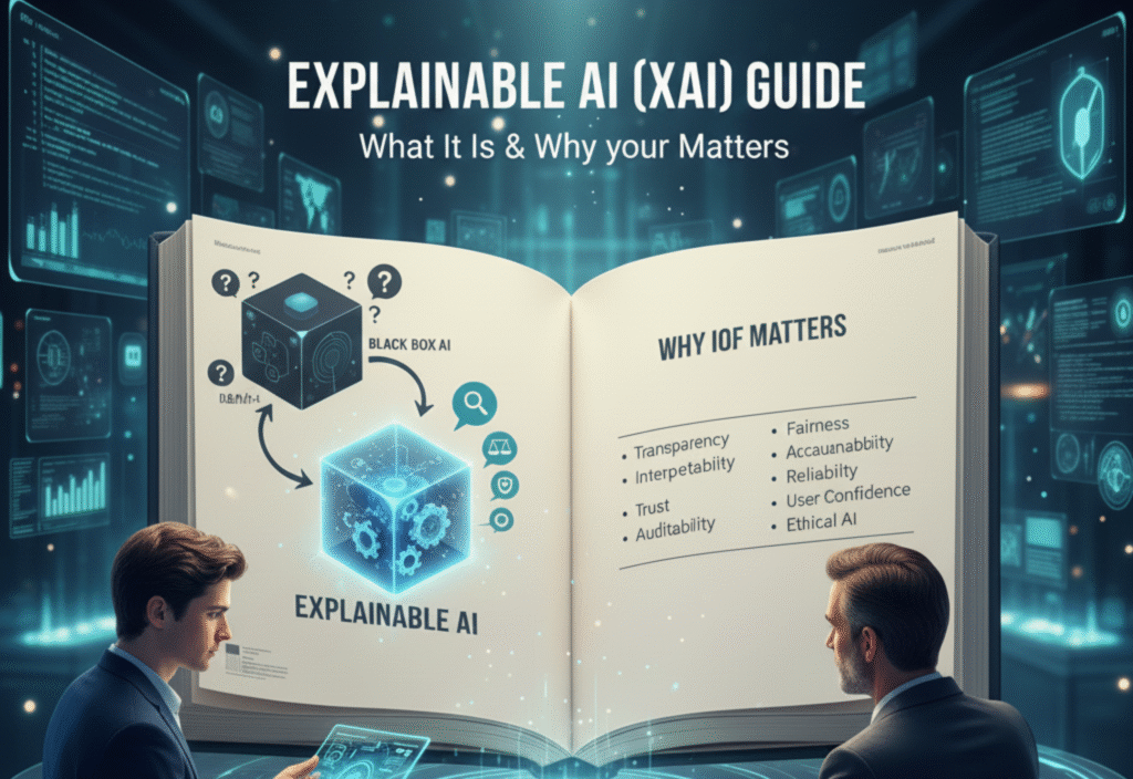 Illustration of Explainable AI (XAI) showing its importance, benefits, and real-world applications in business, healthcare, and technology