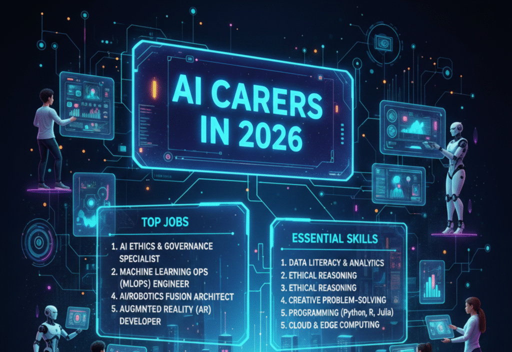 Illustration showing top AI careers in 2026, high-demand jobs, and essential skills required for the future