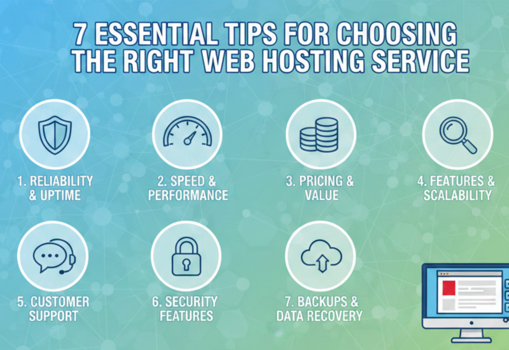 7 Essential Tips for Choosing the Right Web Hosting Service Illustration showing essential web hosting tips for website success