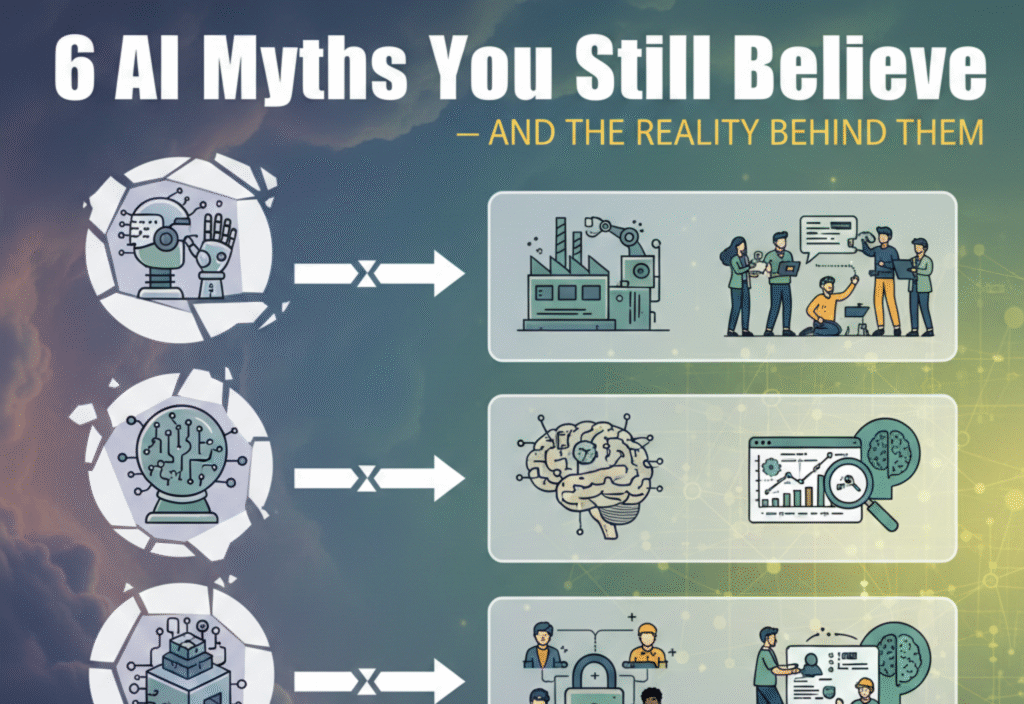 6 AI Myths You Still Believe — And the Reality Behind Them AI automating tasks while humans work alongside