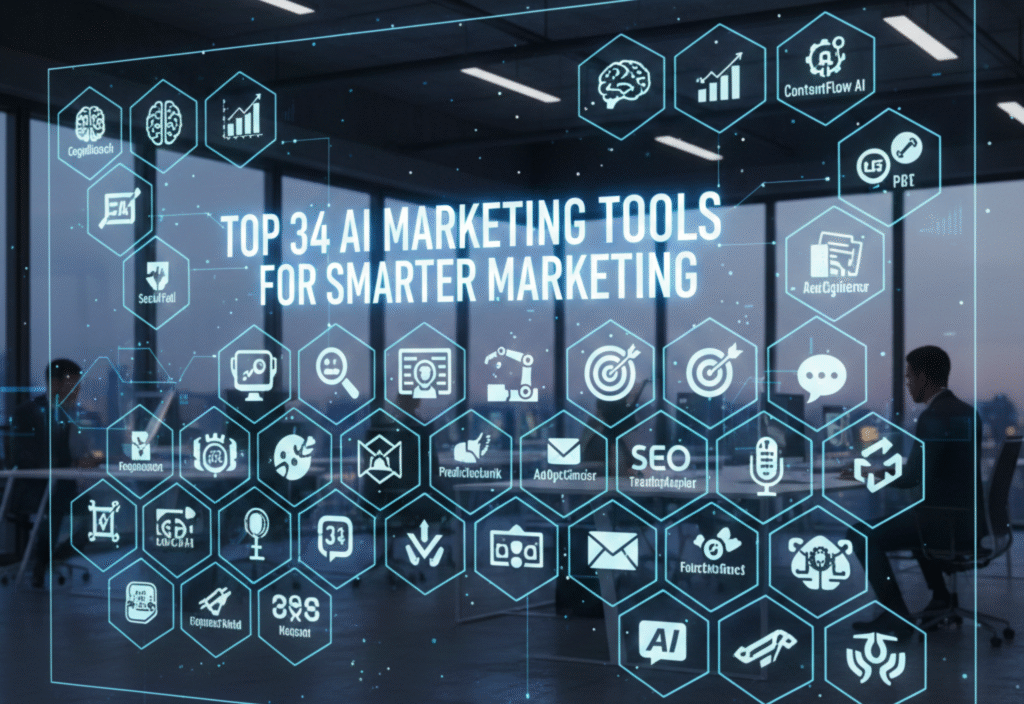 Top 34 AI Marketing Tools for Smarter Marketing Illustration of artificial intelligence assisting marketers with analytics, content, and automation