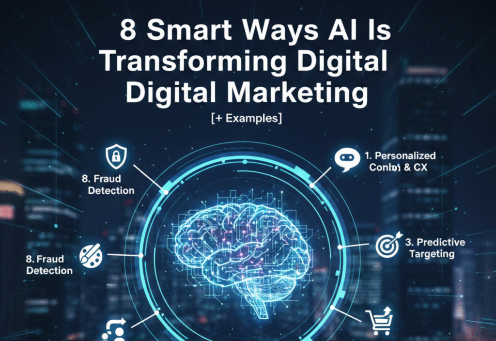Illustration of artificial intelligence in digital marketing showing chatbots, analytics, and personalized content