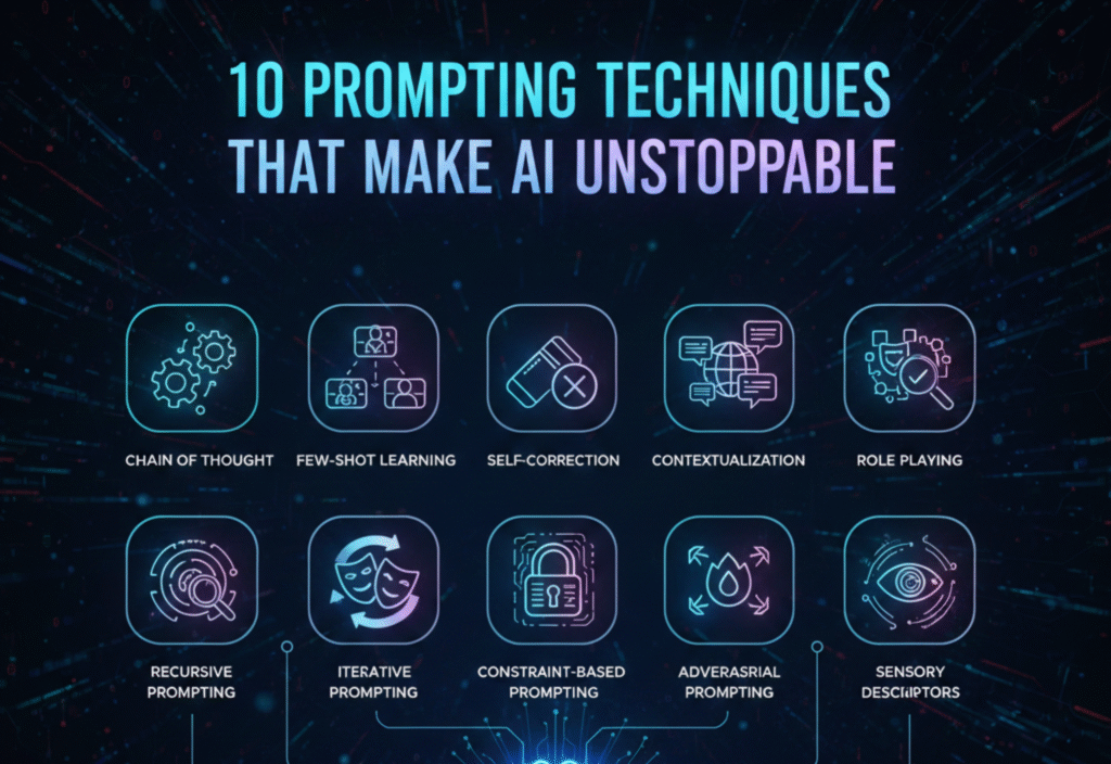 AI prompting techniques for content creation, productivity, and automation, showing step-by-step strategies to make AI more effective
