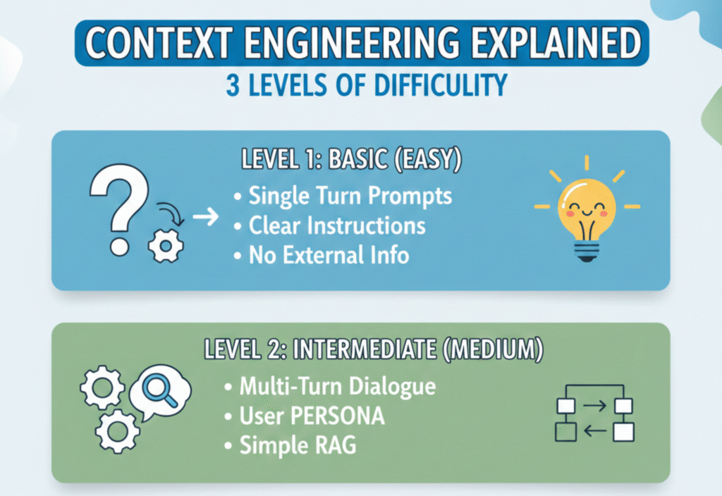 Diagram showing the three levels of context engineering in AI, from basic prompts to advanced autonomous AI agents