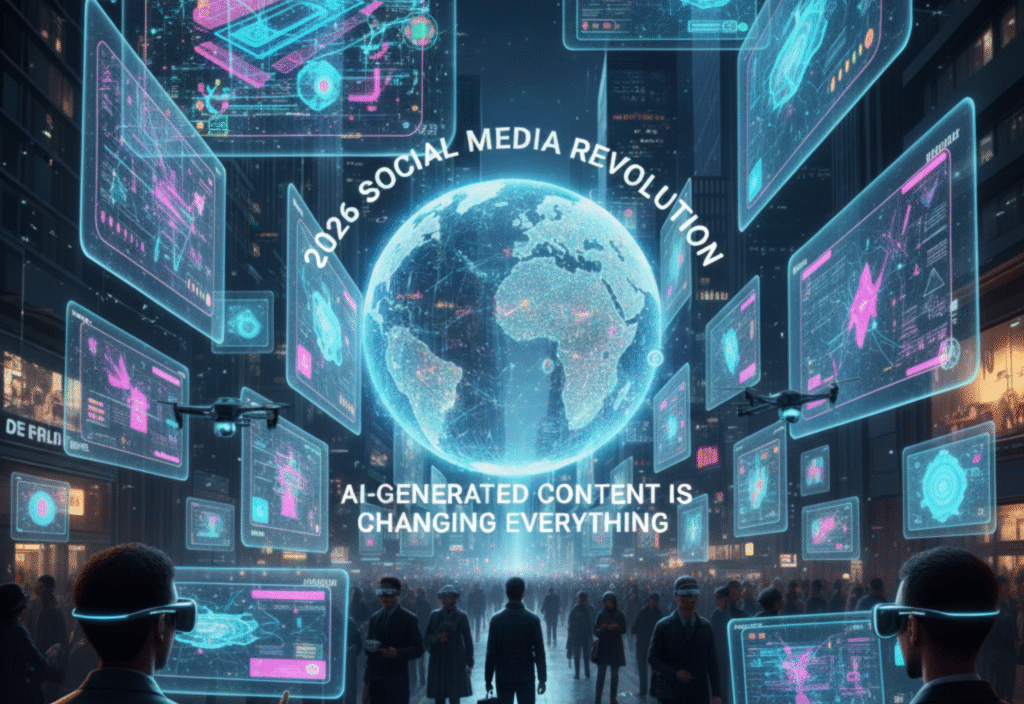 2026 Social Media Revolution: AI-Generated Content Is Changing Everything Illustration of AI-generated content transforming social media with virtual influencers, personalized feeds, and interactive experiences in 2026.