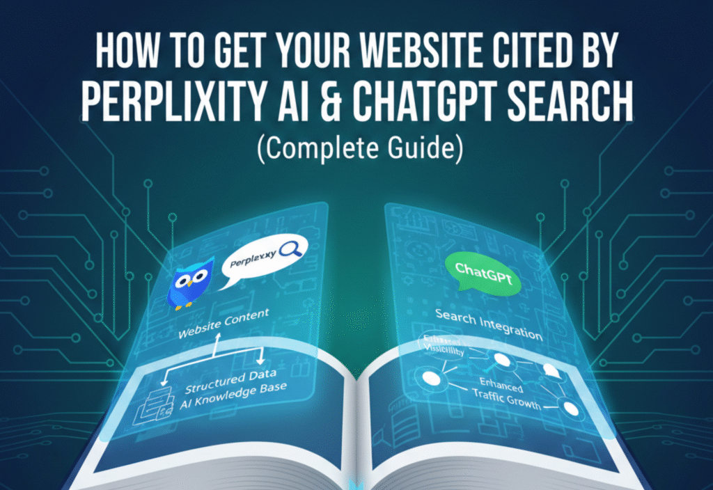 How to Get Your Website Cited by Perplexity AI & ChatGPT Search: The Complete Guide for 2026 AI website citation concept with search engine results and digital icons