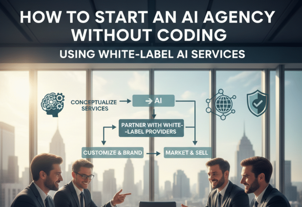 How to Start an AI Agency Without Coding Using White-Label AI Services AI agency concept with white-label AI tools on a laptop