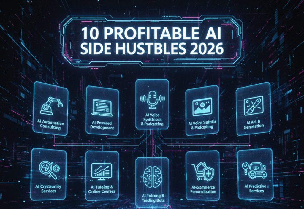 Visual representation of AI side hustles in 2026, including content creation, video production, automation, and online business opportunities