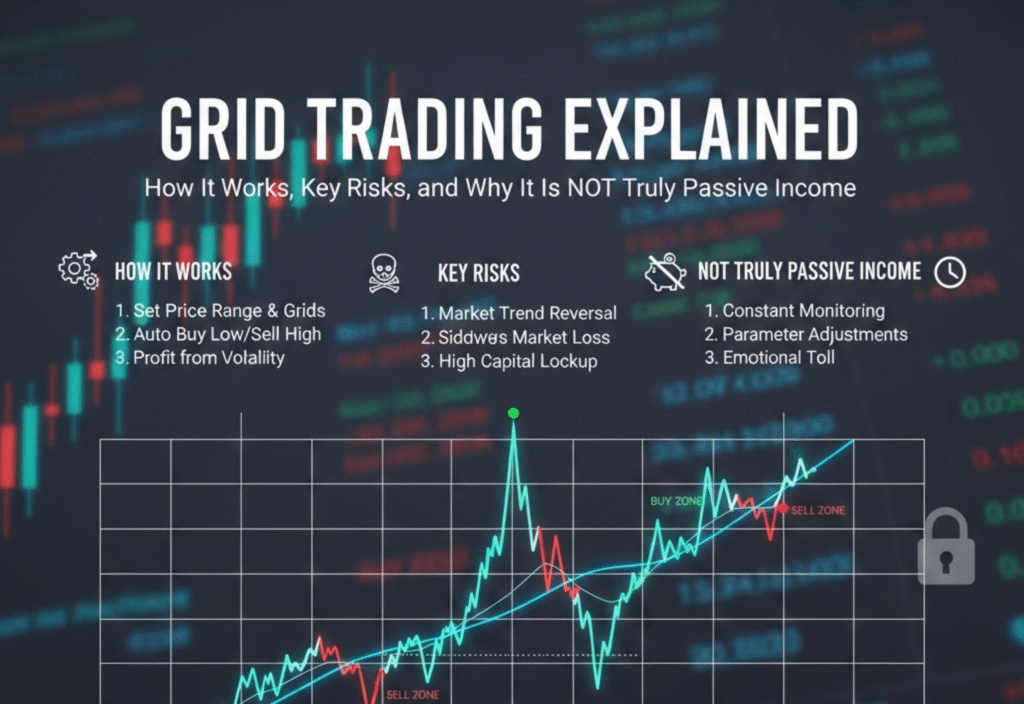 Grid trading strategy explained for cryptocurrency and forex, showing buy and sell order grids