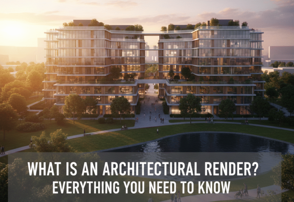 Photorealistic exterior architectural render of a modern building with landscaping