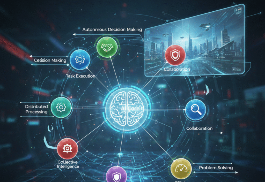 Illustration of multi-agent systems showing intelligent agents collaborating in a connected network.