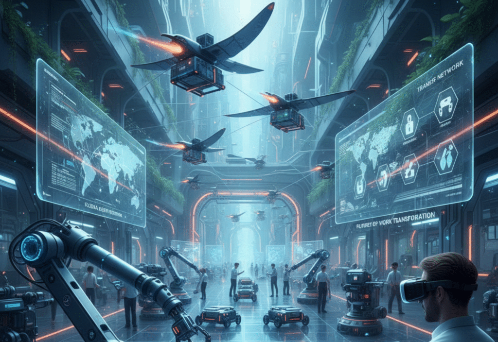 Illustration of autonomous agents collaborating in a digital workspace to improve efficiency and productivity.