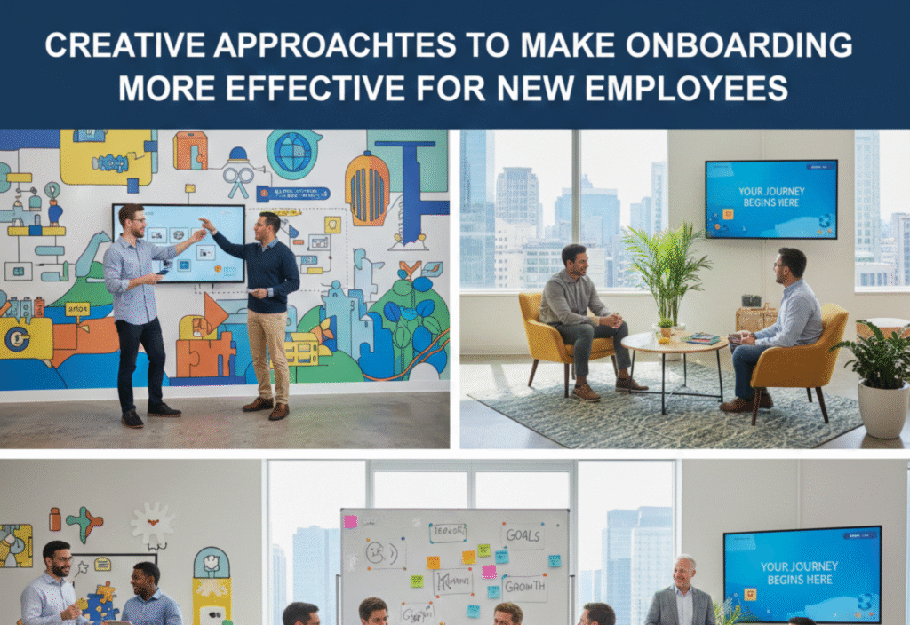 Creative employee onboarding process showing new hires engaging with training, mentorship, and interactive tools.