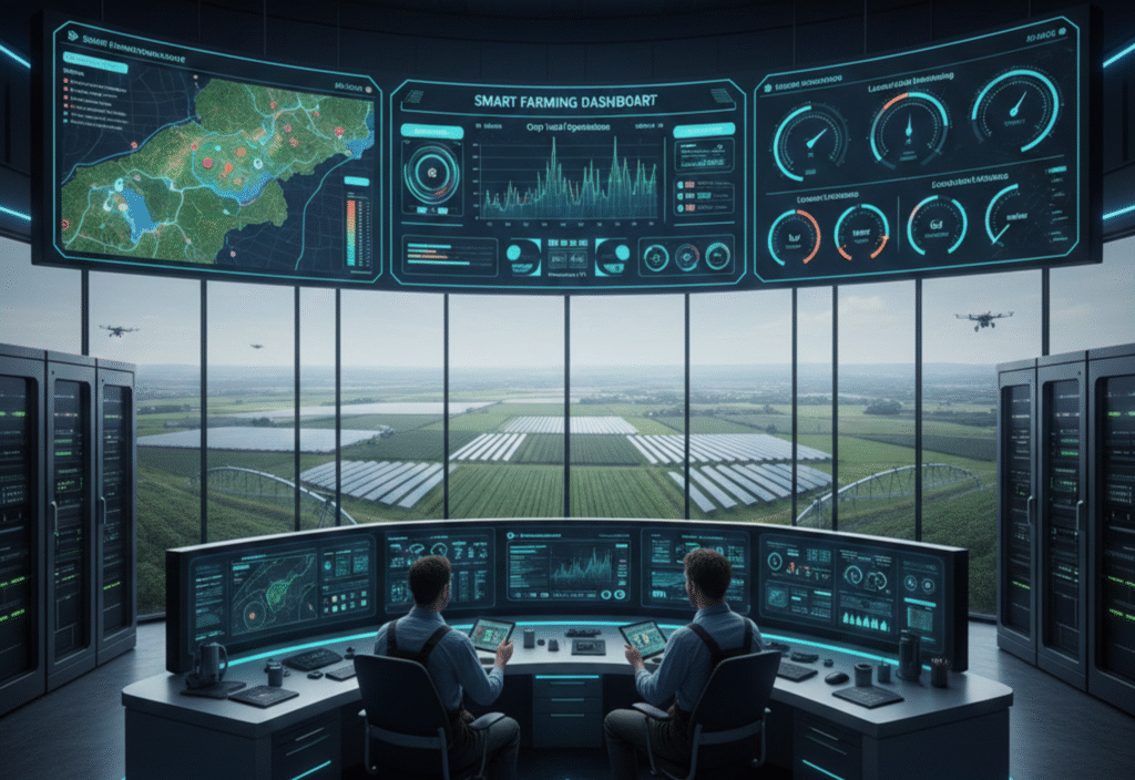 Smart farming dashboard using IoT showing crop monitoring, soil data, and real-time agricultural analytics.