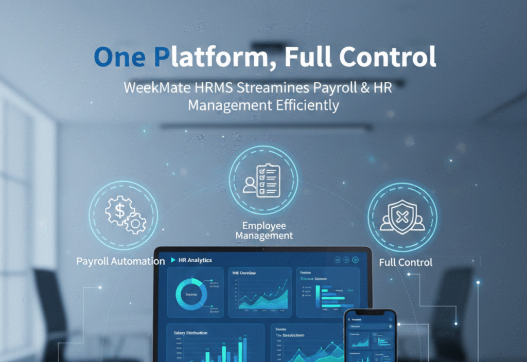 WeekMate HRMS dashboard showing payroll processing, employee records, attendance tracking, and HR analytics in one integrated platform