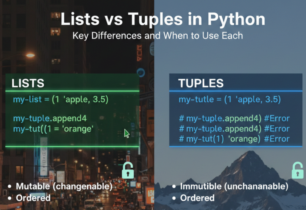 Comparison of Python lists and tuples showing differences in mutability and usage