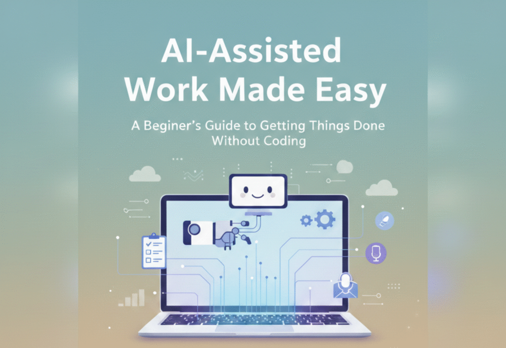 A beginner using AI-assisted work without coding to manage tasks, write content, and boost productivity using AI tools like ChatGPT and Canva.