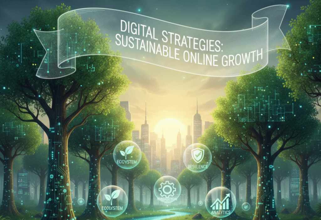 Sustainable digital growth concept showing online marketing strategy, analytics dashboard, and business growth visualization