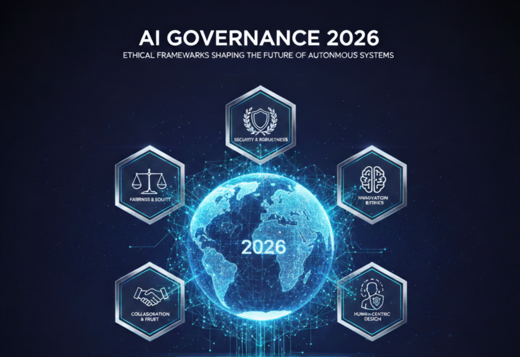 Illustration of AI governance and ethical frameworks guiding autonomous systems in 2026