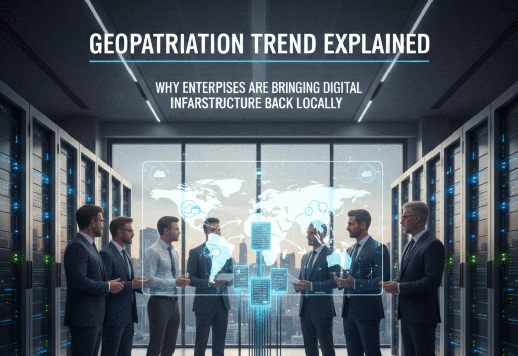 Enterprise data center showing geopatriation trend with cloud integration and secure local infrastructure