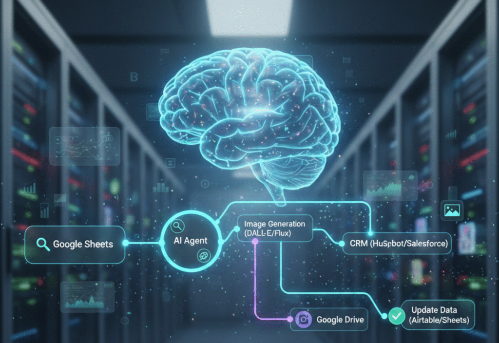 Illustration of AI workflow automation using n8n, connecting content creation, CRM management, and data management in one intelligent system