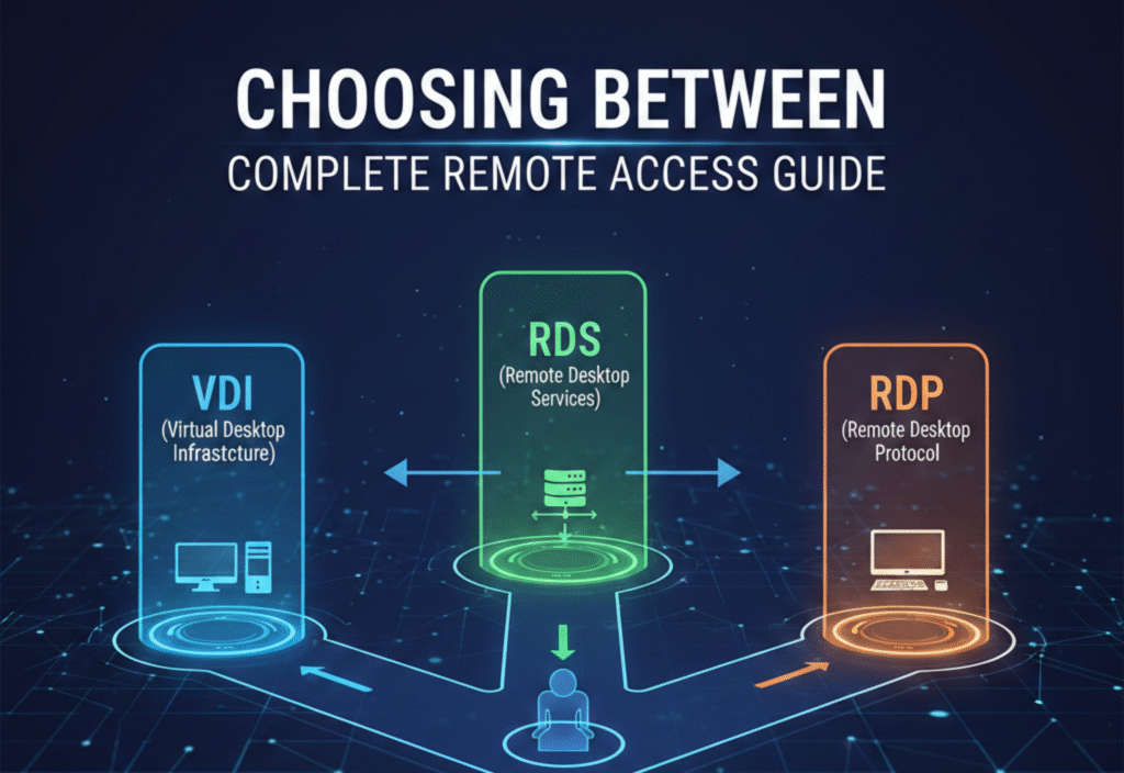 Diagram showing VDI, RDS, and RDP remote access solutions connecting multiple devices over a network