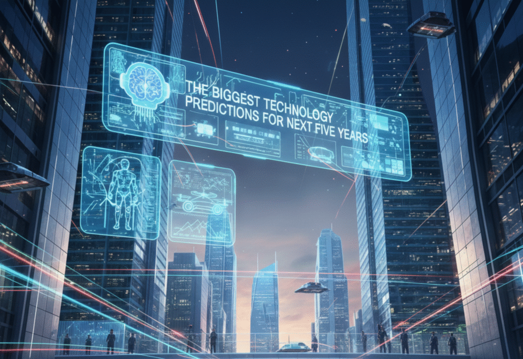 Future technology predictions showing AI, automation, smart cities, and digital innovation
