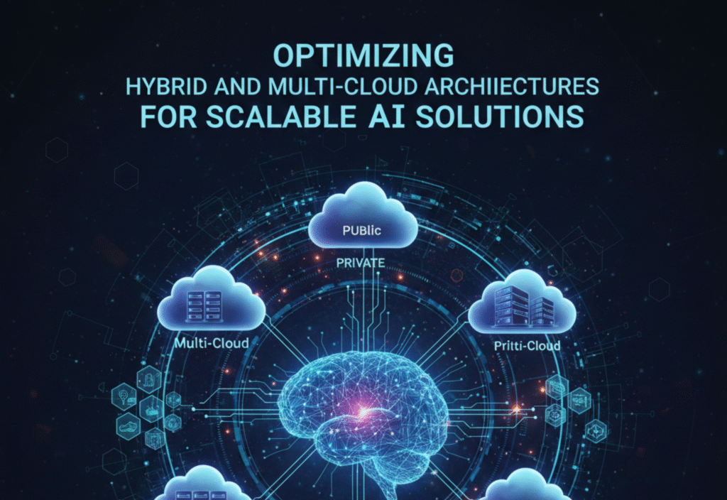 Diagram illustrating hybrid and multi-cloud AI deployment, showing private infrastructure connected to multiple cloud providers, with AI workloads, data lakes, containerized applications, and automated MLOps pipelines.