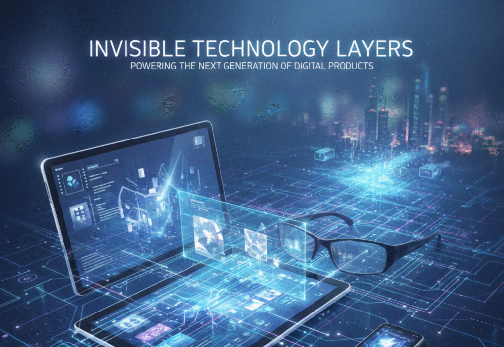 Invisible technology layers enabling modern digital products with cloud infrastructure, data pipelines, and automation