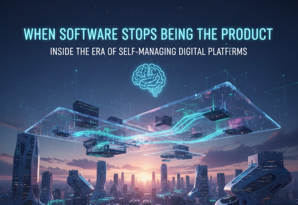 Illustration of self-managing digital platforms optimizing and automating software operations