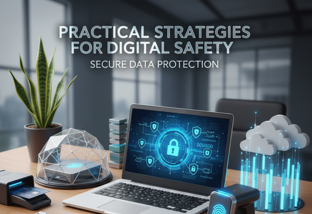 Digital data safety concept showing secure online data protection and cybersecurity practices