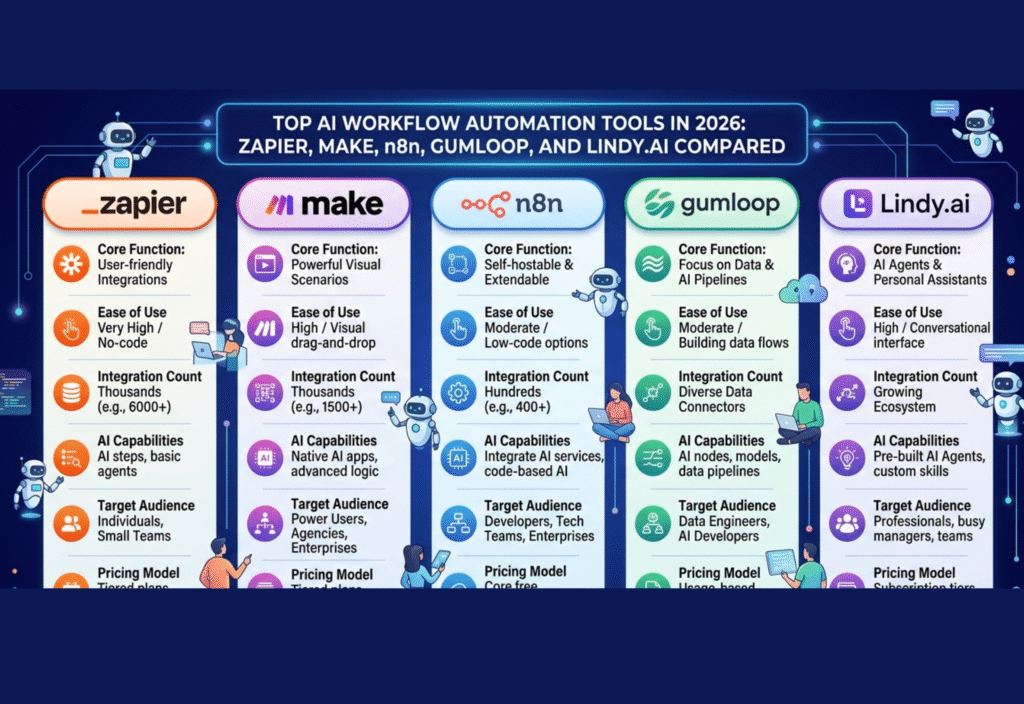 Top AI Workflow Automation Tools in 2026: Zapier, Make, n8n, Gumloop, and Lindy.ai Compared AI workflow automation tools 2026 including Zapier, Make, n8n, Gumloop, and Lindy.ai