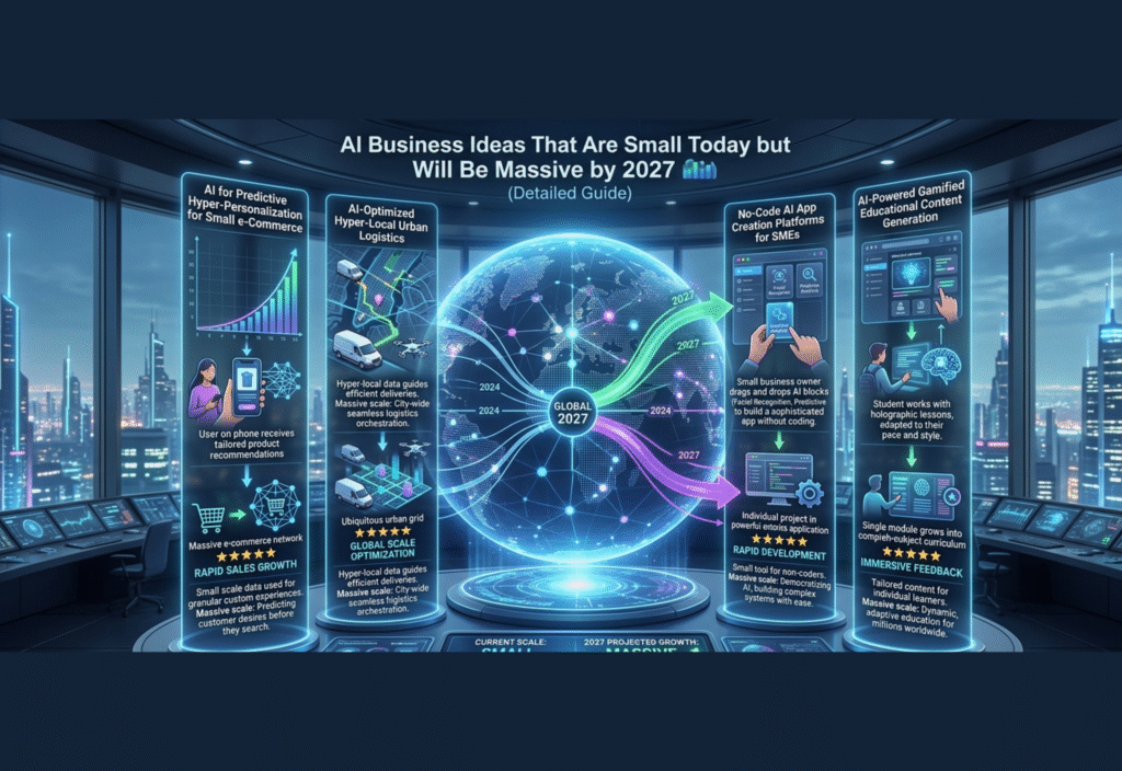 AI Business Ideas That Are Small Today but Will Be Massive by 2027 (Detailed Guide) AI business ideas 2027 concept showing futuristic technology and startup innovation