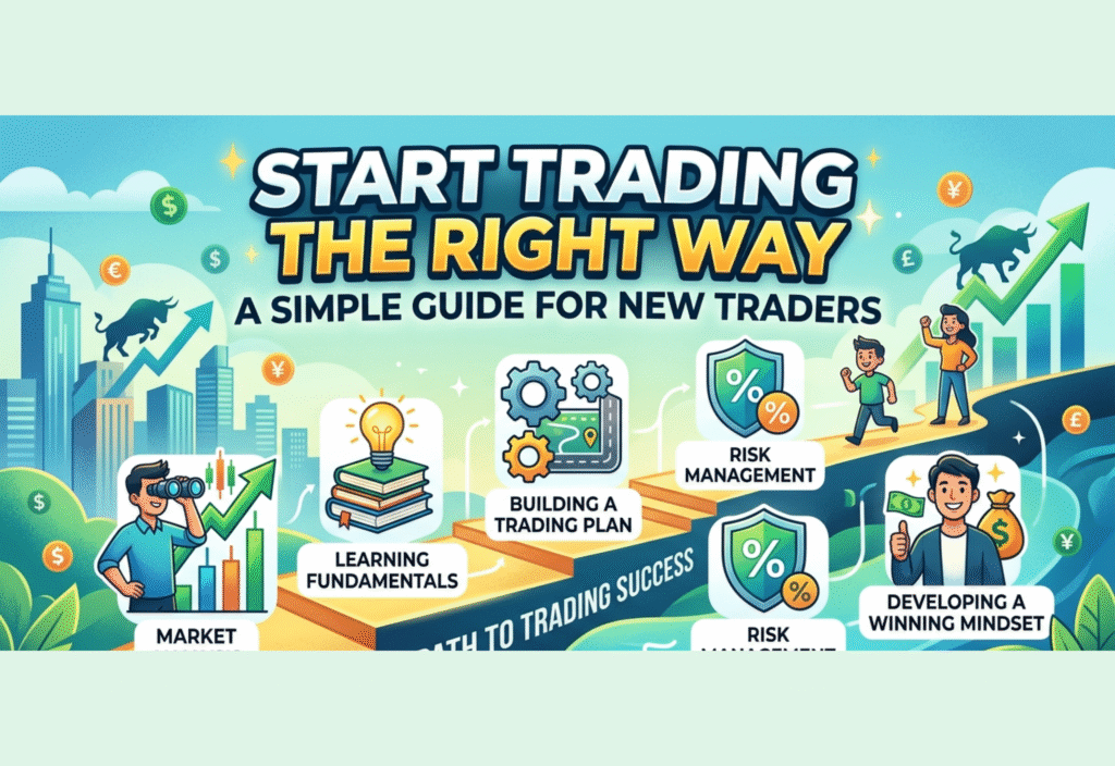 Start trading for beginners learning trading basics and charts on a laptop screen