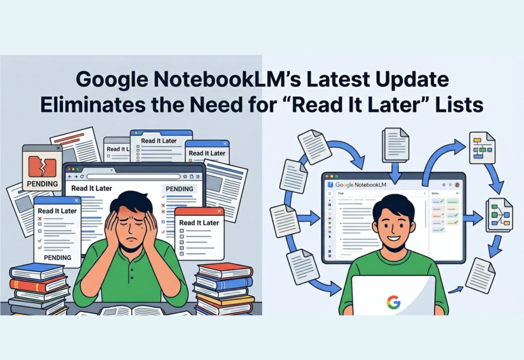 Google NotebookLM update interface showing AI summaries and organized notes replacing read-it-later lists