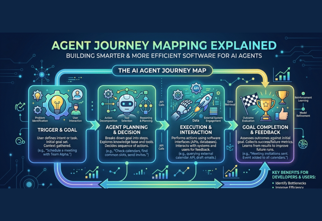Agent journey mapping diagram showing AI agent workflow from input to output and feedback stages
