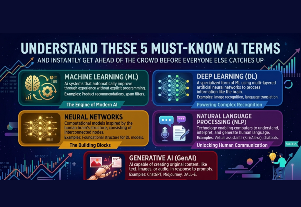 AI terms for beginners explained with machine learning, NLP, neural networks, generative AI, and prompt engineering concepts