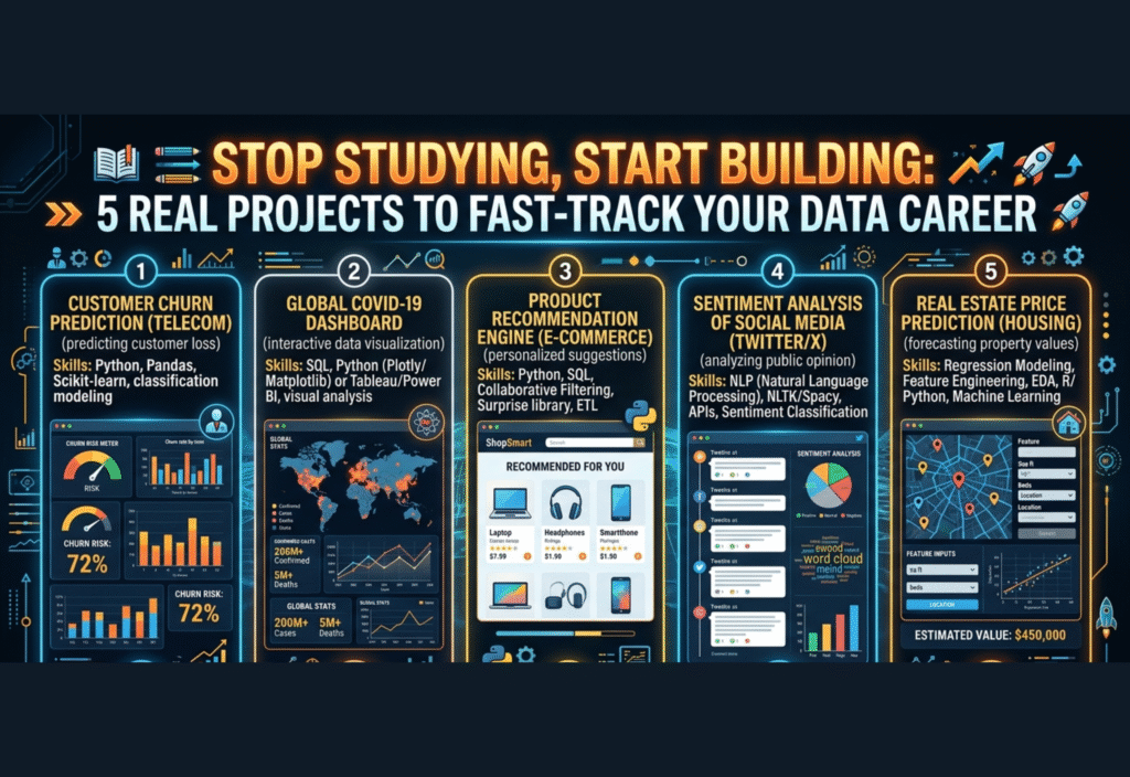 Data science projects illustration showing coding, data analysis, and machine learning workflow for building a career